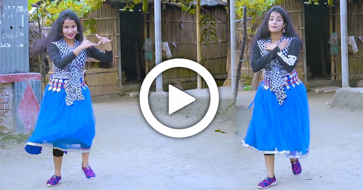 Wearing blue top-skirt, popular Bengali song of young woman dancing in the backyard, instant viral video